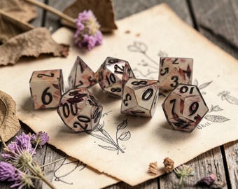 New*The Amber Herbarium | Sharp Edge Resin Dice Set with Pressed Autumn Leaf Inclusion | DnD Dice Set | Botanical RPG Dice | Moonveil Relics