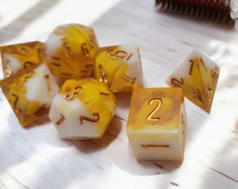 Honeyveil Reliquary | Sharp Edge Resin Dice Set with Golden Swirls | DnD Dice Set | Alchemical Sun-Kissed Polyhedral Dice | Moonveil Relics