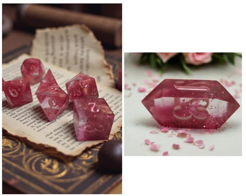 Heart of the Veil RPG Dice Set - Pink Glitter Sharp Edge Resin Polyhedral Dice Crystal