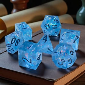 Echoes of the Moonveil | Sharp Edge Resin Dice Set | Celestial Arcane Polyhedral Dice | Moonlight Blue Opalescent Dice for DnD | Moonveil Re