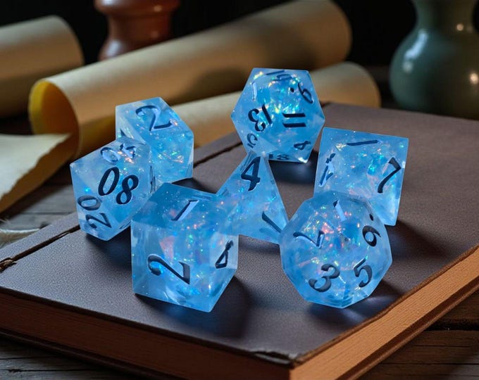 Echoes of the Moonveil | Sharp Edge Resin Dice Set | Celestial Arcane Polyhedral Dice | Moonlight Blue Opalescent Dice for DnD | Moonveil Re