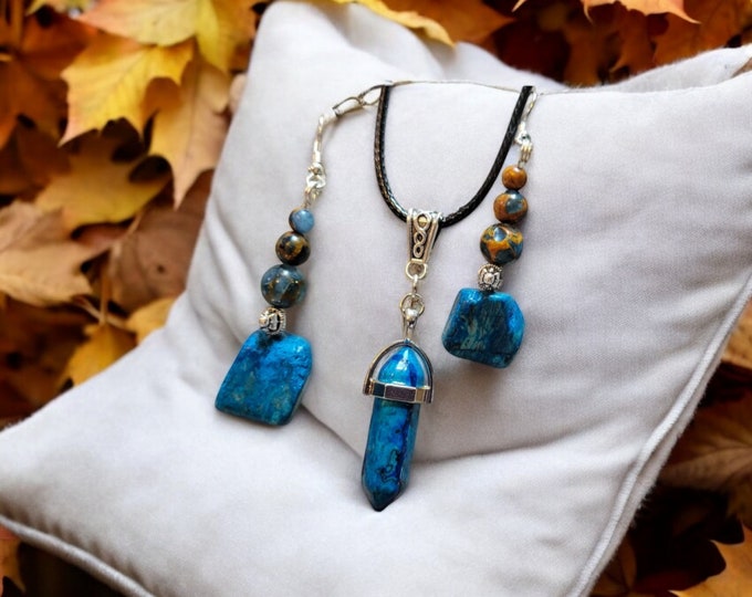 TIC jewelry, Homemade collection, precious stones, Lapis Lazuli, 1 pair of earrings, 1 necklace