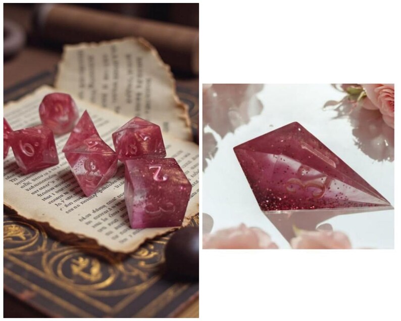 Heart of the Veil RPG Dice Set - Pink Glitter Sharp Edge Resin Polyhedral Dice Shard