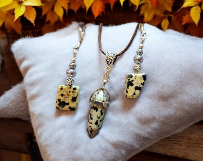 TIC jewelry, Homemade collection, Dalmatian Jasper, 1 pair of earrings, 1 necklace