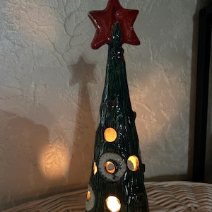 Handmade ceramic Christmas tree candle holder, , tealight lantern