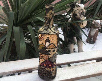 Decoupage Glasflaska, Konstdekorerad, Heminredning, Återvunnen Flaska