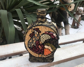 Decoupage glasflaska, konstdekorerad heminredning, återvunnen flaska
