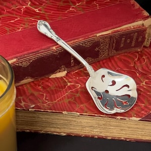 May include: A silver-colored serving spoon with a decorative handle and a slotted, scalloped bowl. The spoon rests on a vintage red book with gold lettering. The spoon's design includes ornate detailing, suggesting a classic or antique style.