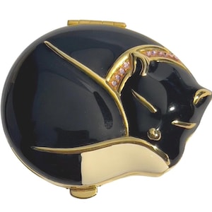 ESTEE LAUDER 2001 &quot;Pretty Kitten&quot; Black Cat w/ Pink Crystal Collar Pressed Powder Compact 2.25” #159