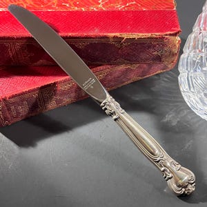 May include: A silver Gorham stainless steel knife with an ornate handle. The knife blade is long and slender, reflecting the light. The handle features detailed scrollwork and a decorative end. The knife rests near a red book.