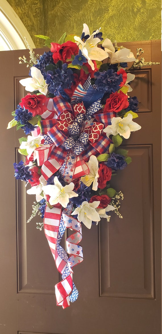 Summertime Patriotic Floral Swag Front Door Swag Swags For Outdoors Patriotic Floral Swag Red White And Blue Floral Swag