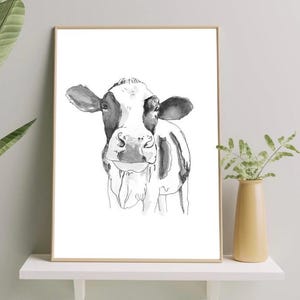 Schwarzweiße Kuh Giclée Kunstdruck, Bauernhaus Dekoration, Tier Illustration, rustikale Wandkunst, Geschenk für Kuhliebhaber