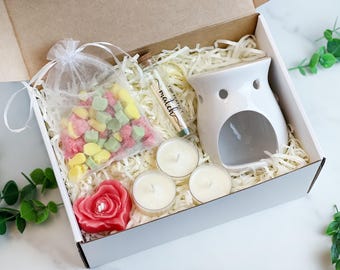 Mother’s Day Box, Handmade Custom Scent Wax Melt Gift Set – Ceramic Wax Burner, Wax Melts, Tea Lights, Candle & Match Bottle, Self Care Gift
