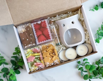 Mother’s Day Box, Handmade Wax Melt Gift Set – Ceramic Wax Burner, Sweets Wax Melts, Tea Lights, Match Bottle, Self Care Gift