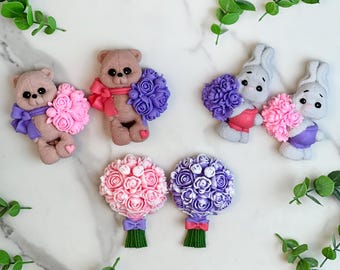 Handmade bunny or teddy bear with flowers or flower bouquet soap with fresh fruit slices fragrance oil in the clear gift box, budget gift