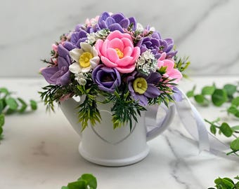 Handmade Soap Bouquet of Crocuses and Narcissuses in a Plaster Watering Can with Crocus Poison Fragrance Oil in the plastic clear gift wrap