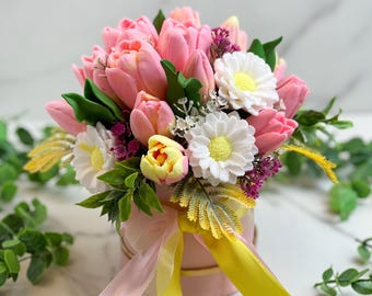 Handmade soap bouquet of tulips and chamomiles soaps and with tulip fragrance oil and jojoba oil in the clear gift wrap