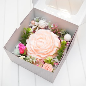 Handmade large coral or purple flower soap with magnolia and peony fragrance oil and jojoba oil in the gift box with artificial flowers