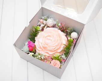 Handmade large coral or purple flower soap with magnolia and peony fragrance oil and jojoba oil in the gift box with artificial flowers
