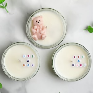 Handmade beaded Secret Message It&#39;s a Boy or It&#39;s a Girl Soy Candle with the cotton wick in a glass cup in a gift box for gender reveal