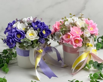 Handmade soap flower bouquet of crocus flower soaps with spring crocus fragrance oil and jojoba oil in the plastic clear gift wrap
