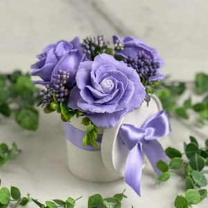 Handmade flower soap bouquet of purple or yellow or coral or pink roses with ocean rose fragrance oil with the clear plastic gift wrap