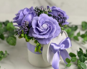 Handmade flower soap bouquet of purple or yellow or coral or pink roses with ocean rose fragrance oil with the clear plastic gift wrap