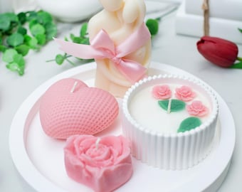 Mother’s Day gift set, Handmade Candle Set of a heart, flower, couple, and ceramic cup on a Tray