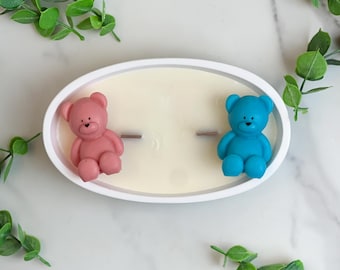 Handmade beaded Secret Message It's a Boy or It's a Girl Soy Candle with the wood wicks in a gypsum cup  for gender reveal with teddy bears