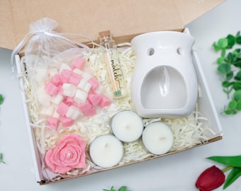 Mother’s Day Box, Handmade Custom Scent Wax Melt Gift Set – Ceramic Wax Burner, Wax Melts, Tea Lights, Candle & Match Bottle, Self Care Gift