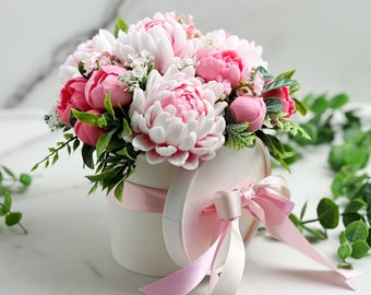 Handmade soap bouquet of pink peonies soaps with pink peony fragrance oil in the gift box