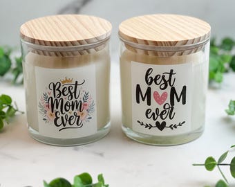 Handmade soy candle Best Mom Ever or Custom Message in a clear glass jar with wood wick and any scene scent