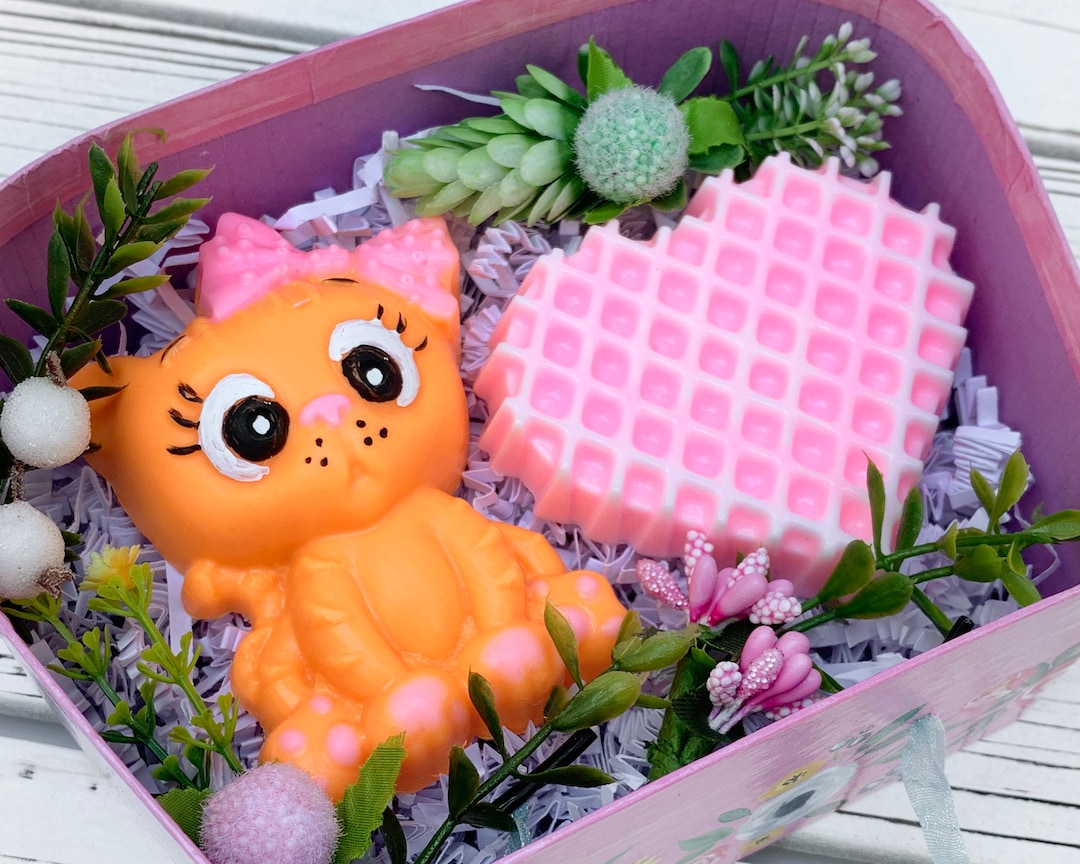 Handmade Soap Set of an Orange Kitten Soap and a Pink Heart Soaps With