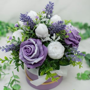 Handmade soap bouquet of purple roses soaps and white buds soaps with English roses fragrance oil and jojoba oil in the clear gift wrap