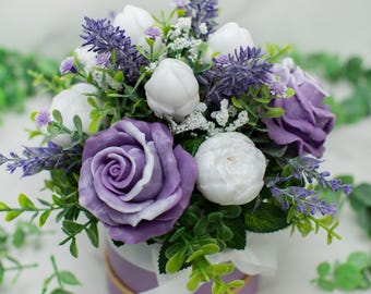 Handmade soap bouquet of purple roses soaps and white buds soaps with English roses fragrance oil and jojoba oil in the clear gift wrap