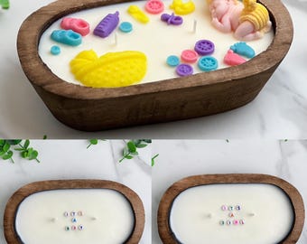 Handmade beaded Secret Message It's a Boy or It's a Girl Soy Candle with the cotton wicks in a wood cup  for gender reveal