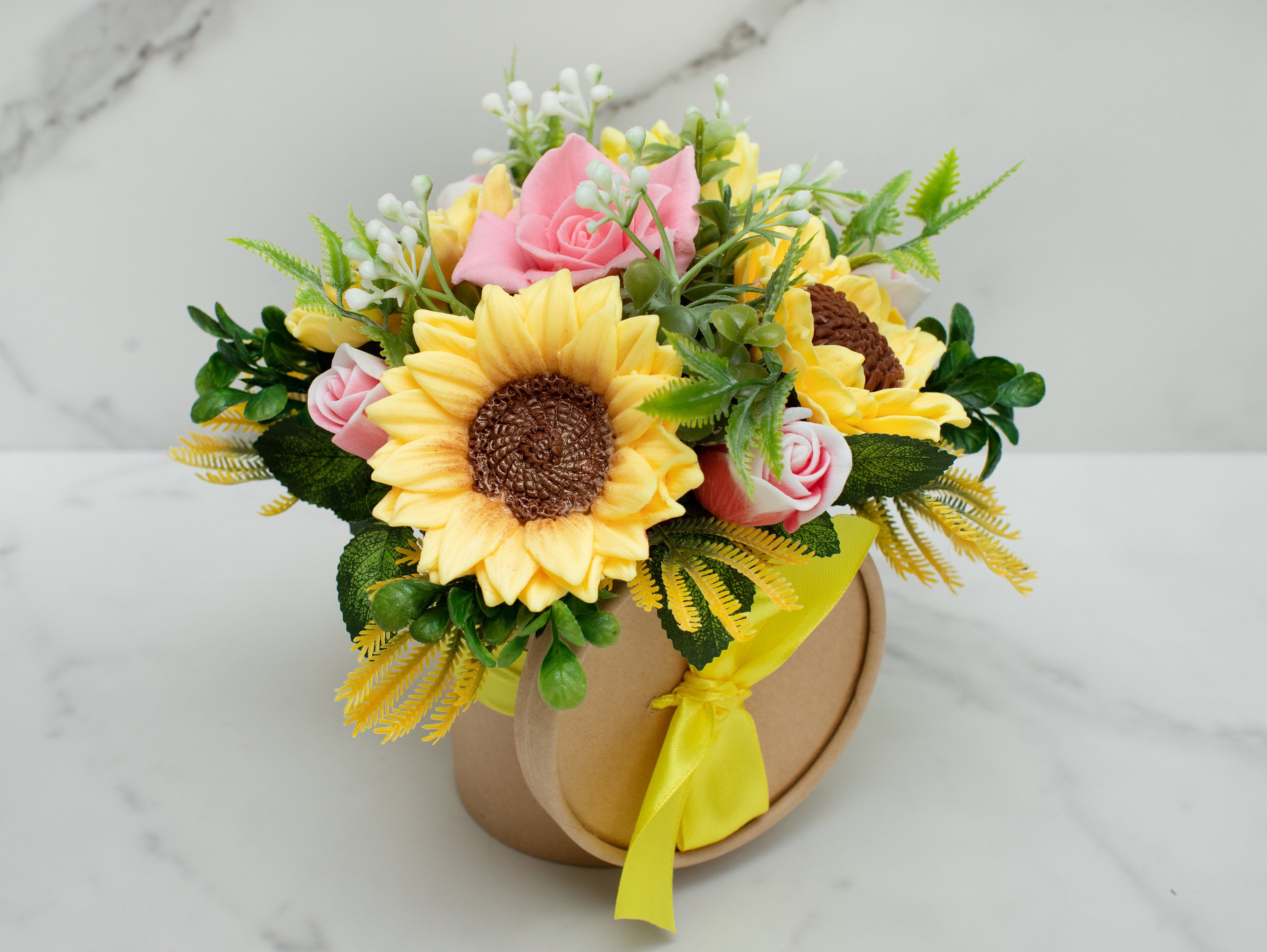 Handmade soap bouquet of yellow sunflower and pink rose soaps with ocean rose fragrance oil in the gift box, budget gift