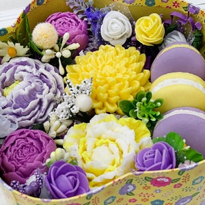 Handmade set of purple and yellow flowers, macaroons soaps w pink orchid & amber fragrance oil and jojoba oil in the colorful gift box