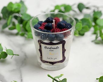 Handmade Yogurt Berry Soy Candle with the cotton wick in a glass cup with black raspberry vanilla scened