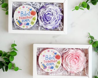 Handmade pink or purple soap set of "best teacher ever" and peony soaps with peony and magnolia fragrance oil in the gift box