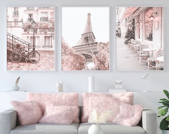 Paris Wall Art Pink Decor for Bedroom Print Set of 3 Prints Girls Room Decor Blush Pink Wall Art French Decor Paris Poster Europe Prints