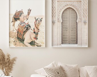Desert Camel & Moroccan Door Print Set, Boho Wall Art, Moroccan Decor, Bohemian Printable