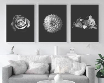 Botanical Print Set Black and White Floral Prints Minimalist Wall Art Set of 3 Prints Scandinavian Poster Nordic Wall Art Black Wall Decor