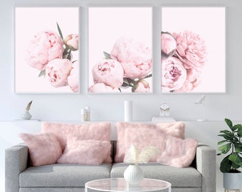 Blush Pink Peonies Print Set of 3, Flower Poster, Floral Wall Art Printable