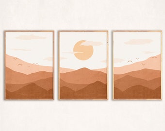 Terrakottalandskapskonsttryckset: Boho Mid Century Modern, 3-delad väggkonst, digital nedladdning