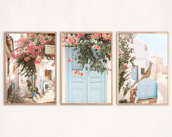 Greece Print Set of 3 Wall Decor Pink Bedroom Decor Greek Art Mykonos Print Santorini Poster European Prints Travel Print Set