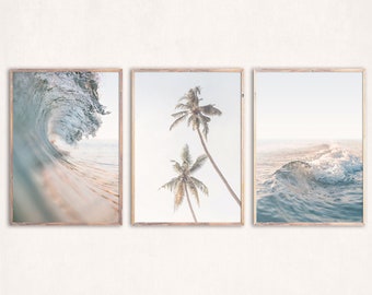 Pastel Beach Print Conjunto de 3 pôsteres Oceano para impressão Arte de parede de praia Decoração pastel Arte neutra Impressão de arte de parede de surf Arte costeira com impressão de palmeira