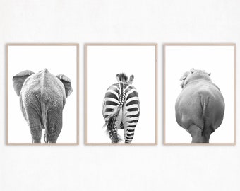 Funny Animal Butt Print Set: Safari Bathroom Poster Wall Art, Bathroom Decor