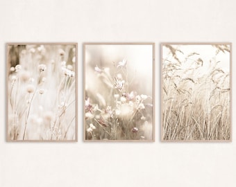 Neutral Botanical Print Set, Boho Wall Art, Farmhouse Wall Decor, Beige Room Prints