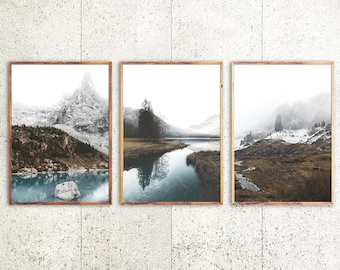 Mountain Landscape Photography Print Set, Nordic Wall Art, River, Nature Poster, Digital Download